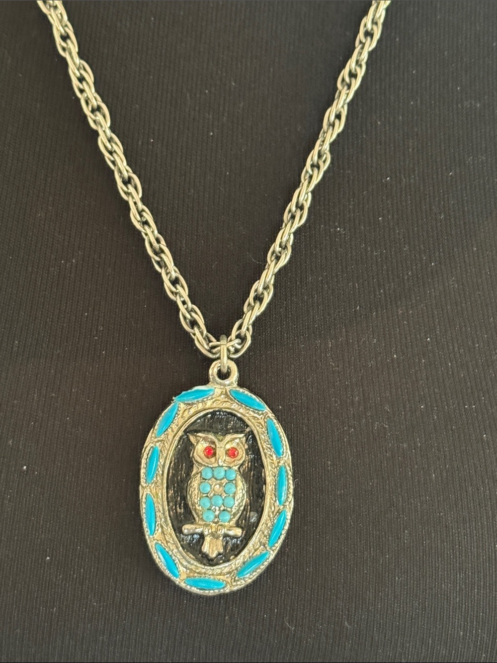 Hand Crafted Turquoise and Red Owl Pendant Necklace